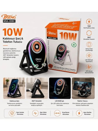 10W Kablosuz Şarj Telefon Tutucu HOPARLÖR, 360° Döner Rgb Led, Telefon Ses Yükseltici Hoparlör Standı BLUETOOTH HOPARLÖR