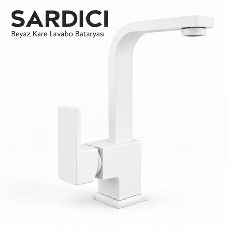 Sardıcı Beyaz Kare Lavabo Bataryası Geniş Kumanda Kollu Çift Su Girişli