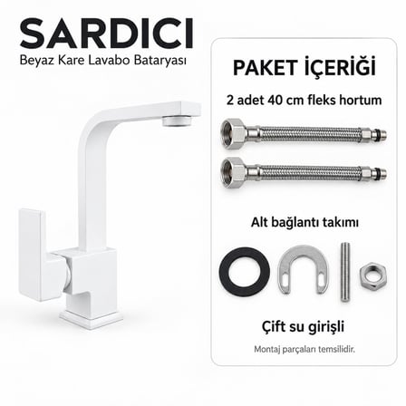 Sardıcı Beyaz Kare Lavabo Bataryası Geniş Kumanda Kollu Çift Su Girişli