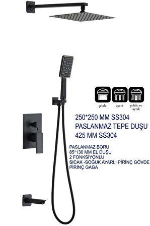 Siyah Ankastre Duş Sistemi 3 Yönlü Akış Premium Siyah Ankastre Tepe Yağmurlama Sistemi