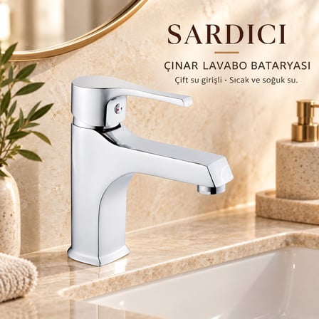 Sardıcı Çınar Krom Lavabo Bataryası Çift Su Girişli 40 cm Hortum ve Montaj Takımı Dahil