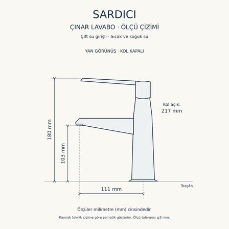 Sardıcı Çınar Krom Lavabo Bataryası Çift Su Girişli 40 cm Hortum ve Montaj Takımı Dahil