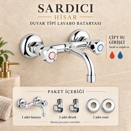 Sardıcı Hisar Krom Duvar Tipi Sabit Lavabo Bataryası Çift Su Girişli Dirsek Rozet Takımı Dahil