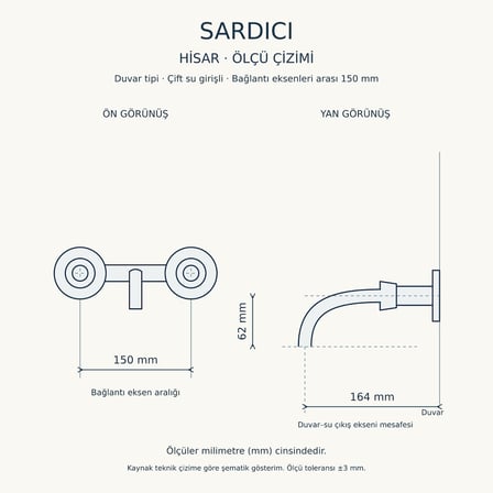Sardıcı Hisar Krom Duvar Tipi Sabit Lavabo Bataryası Çift Su Girişli Dirsek Rozet Takımı Dahil