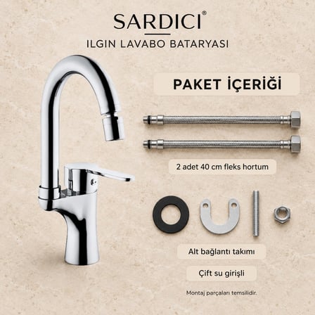Sardıcı Ilgın Oynar Başlıklı Lavabo Bataryası Krom Pirinç Gövde Çift Su Girişli