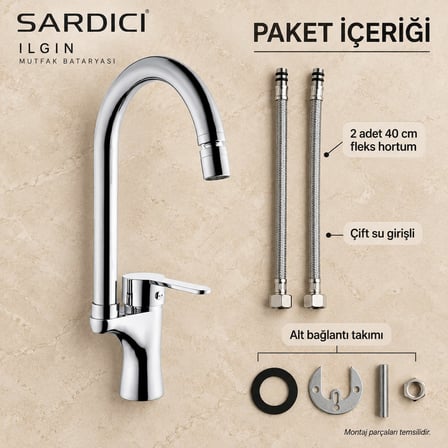 Sardıcı Ilgın Oynar Başlıklı Mutfak Bataryası Krom Pirinç Gövde Çift Su Girişli