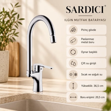 Sardıcı Ilgın Oynar Başlıklı Mutfak Bataryası Krom Pirinç Gövde Çift Su Girişli