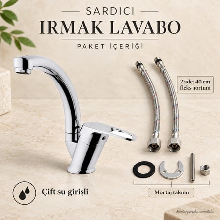 Sardıcı Irmak Krom Kısa Kuğu Lavabo Bataryası Çift Su Girişli 40 cm Hortum ve Montaj Takımı Dahil