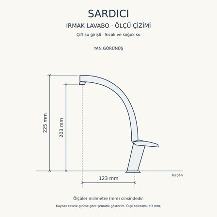 Sardıcı Irmak Krom Kısa Kuğu Lavabo Bataryası Çift Su Girişli 40 cm Hortum ve Montaj Takımı Dahil