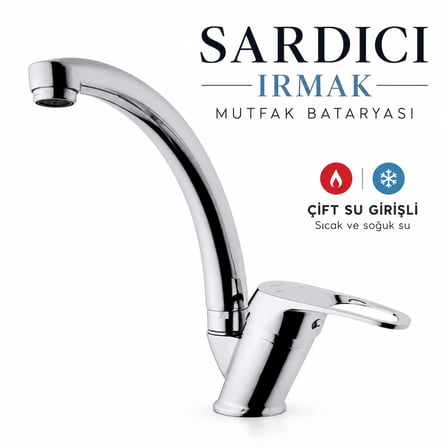 Sardıcı Irmak Krom Uzun Borulu Mutfak Evye Bataryası Çift Su Girişli Tam Takım