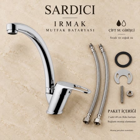 Sardıcı Irmak Krom Uzun Borulu Mutfak Evye Bataryası Çift Su Girişli Tam Takım
