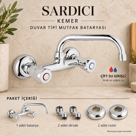 Sardıcı Kemer Krom Duvar Tipi Mutfak Evye Bataryası Çift Su Girişli Dirsek Rozet Takımı Dahil