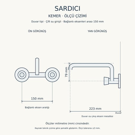 Sardıcı Kemer Krom Duvar Tipi Mutfak Evye Bataryası Çift Su Girişli Dirsek Rozet Takımı Dahil