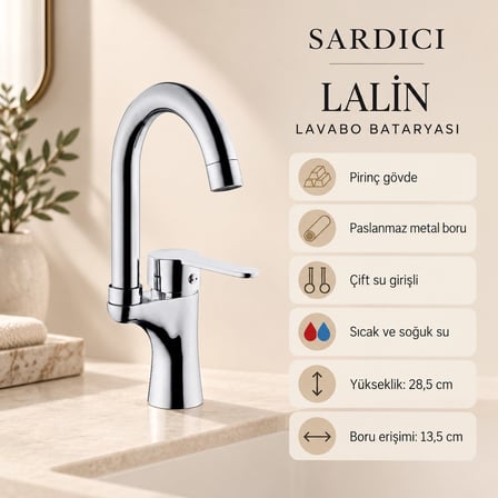 Sardıcı Lalin Lavabo Bataryası Krom Pirinç Gövde Çift Su Girişli Tam Takım