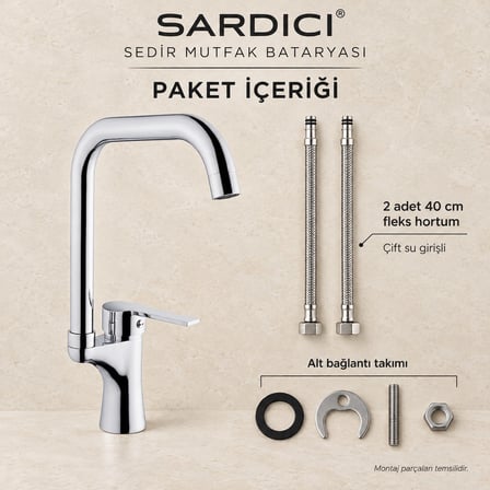 Sardıcı Sedir Mutfak Evye Bataryası Krom Pirinç Gövde Çift Su Girişli Tam Takım