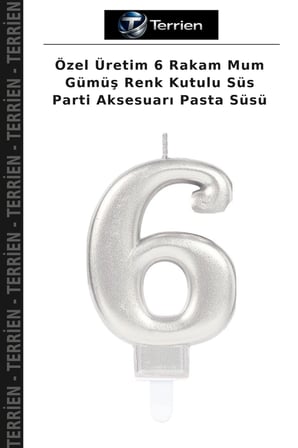 Özel Üretim 6 Rakam Mum Gümüş Renk Kutulu Süs Parti Aksesuarı Pasta Süsü