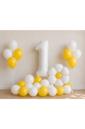 1-9 Yaş Papatya Doğum Günü Konseptli Balon Seti | Beyaz Rakam ve Papatya Folyo Balon Saremset|