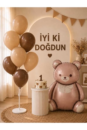 Saremset Retro Ayıcık Folyo Balonlu Doğum Günü Parti Seti-Standlı Kahverengi ve Latte Balon ile Teddy Bear Konsepti