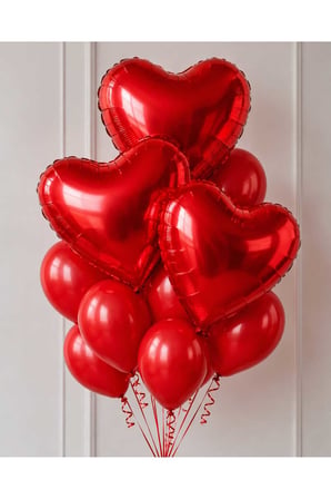 Romantik Kırmızı Kalp Folyo Balon Seti - Sevgililer Günü ve Evlilik Teklifi Süsleme Konsepti- 3 ADET KALP FOLYO 7 ADET KIRMIZI BALON