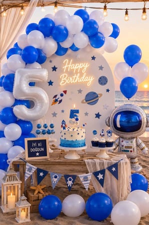Uzay Temalı Astronot Seti -Astronot Temalı Mum-Mavi Beyaz Balon Zinciri ve Rakam Folyo Balonlu Doğum Günü Konsepti