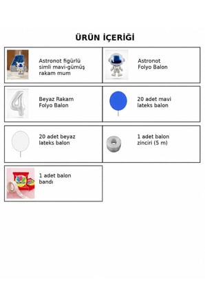 Uzay Temalı Astronot Seti -Astronot Temalı Mum-Mavi Beyaz Balon Zinciri ve Rakam Folyo Balonlu Doğum Günü Konsepti