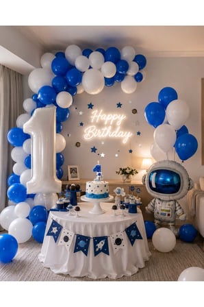 Uzay Temalı Astronot Seti -Astronot Temalı Mum-Mavi Beyaz Balon Zinciri ve Rakam Folyo Balonlu Doğum Günü Konsepti