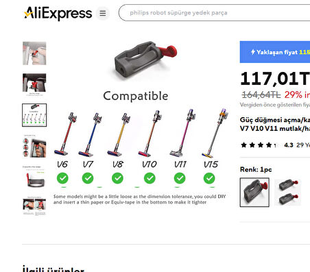 srfn ticaret Dyson Şarjlı Süpürgeleri V6/V7/V8/V10/V11/V15 ile Uyumlu Tetik Kilidi