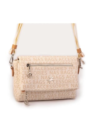Nas Bag Kadın Çapraz Çok Cepli Spor Çanta Krem Camel Yazılı (25x18x7 cm )