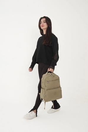 Unisex Suya Dayanıklı Orta Boy Krinkıl Kumaş Çok Gözlü Bej Laptop Okul Ve Seyahat Sırt Çantası