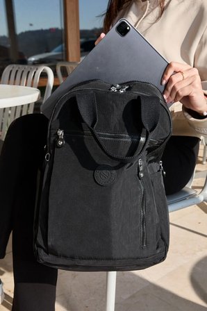 Unisex Suya Dayanıklı Krinkıl Kumaş Çok Gözlü Siyah Laptop Okul Ve Sırt Çantası SI-3063