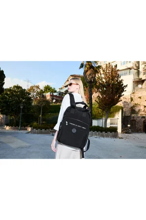 SRG Unisex Suya Dayanıklı Krinkıl Kumaş Çok Gözlü Siyah Laptop Okul Ve Seyahat Sırt Çantası