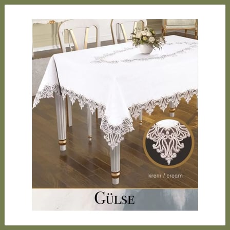 Bezos Keten Tek Masa Örtüsü Tablecloth 155x260 cm Dantelli Yemek Masası Örtüsü Gülse Model Krem SRH