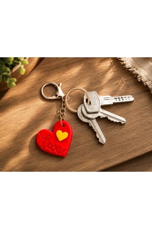 El Yapımı Sarı Kırmızı Polimer Kil Love Kalpli Anahtarlık | Romantik Hediyelik Kalp Anahtarlık | Minimal Çanta ve Anahtar Aksesuarı