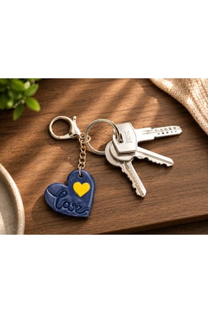El Yapımı Sarı Lacivert Polimer Kil Love Kalpli Anahtarlık | Romantik Hediyelik Kalp Anahtarlık | Minimal Çanta ve Anahtar Aksesuarı