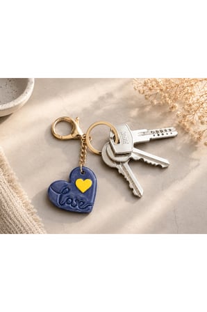 El Yapımı Sarı Lacivert Polimer Kil Love Kalpli Anahtarlık | Romantik Hediyelik Kalp Anahtarlık | Minimal Çanta ve Anahtar Aksesuarı