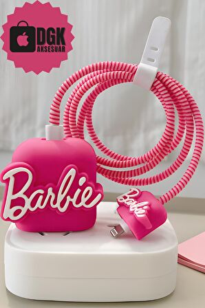 Apple 18-20 Watt Hızlı Şarj Uyumlu Şarj Başlığı Ve Kablo Koruyucu Set Pembe Barbie Figürlü