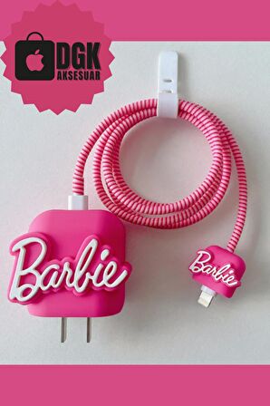 Apple 18-20 Watt Hızlı Şarj Uyumlu Şarj Başlığı Ve Kablo Koruyucu Set Pembe Barbie Figürlü