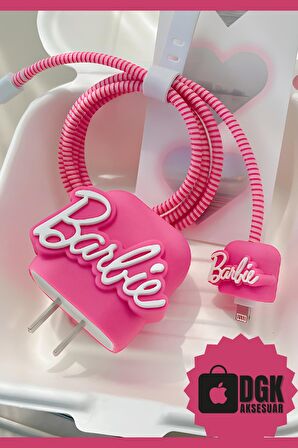 Apple 18-20 Watt Hızlı Şarj Uyumlu Şarj Başlığı Ve Kablo Koruyucu Set Pembe Barbie Figürlü