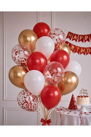 Kırmızı Beyaz Şeffaf Ve Krom Gold Balon Seti (Toplam 20 Adet) + Kırmızı Balon Pulu Hediye