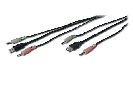 KVM Switch için Ses + USB Kablo Seti, 2 x 3,5 mm Erkek; USB A Erkek &lt;-&gt; 2 x 3,5 mm Erkek; USB B Erkek, siyah renk, 1,80 metre