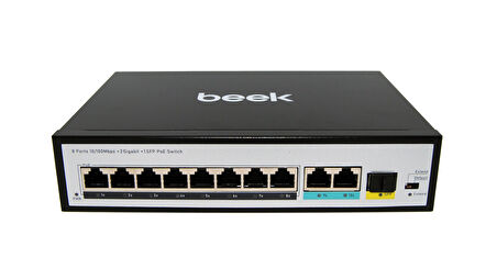 Beek Yönetilemeyen PoE+ Switch&lt;br&gt;
8 x 10/100BASE-T IEEE802.3af/at PoE+ port (Port başına 30.8 watt) (PoE Güç Bütçesi maks. 120 Watt)&lt;br&gt;
2 x 10/100/1000BASE-T port (combo)&lt;br&gt;
1 x 1