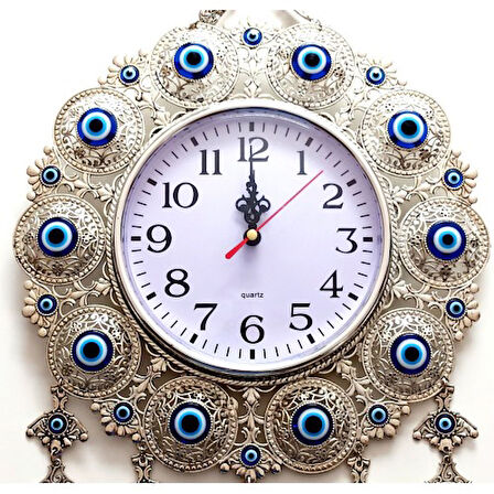Nazar Boncuklu Gümüş Kaplama Solmaz Kararmaz Duvar Saati