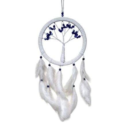 Beyaz Kuş Tüylü Cam Nazar Boncuklu Hayat Ağacı Duvar Dekoru