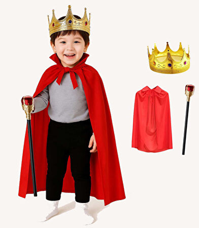 Çocuk Kral Kostüm Seti – Kırmızı Pelerin, Taç ve Asa (90 cm)