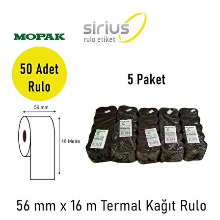 Mopak 56x16 Termal Pos Rulosu Yazarkasa Kağıdı (5 Paket 50 Rulo)