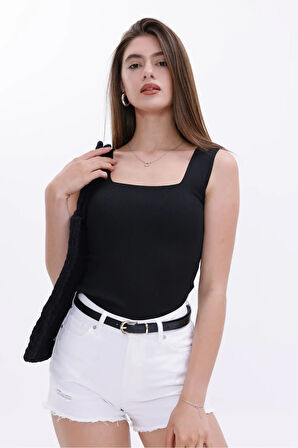 Kare Yaka Askılı Bluz Siyah - Siyah Askılı Kolsuz Kare Yaka Basic Bluz