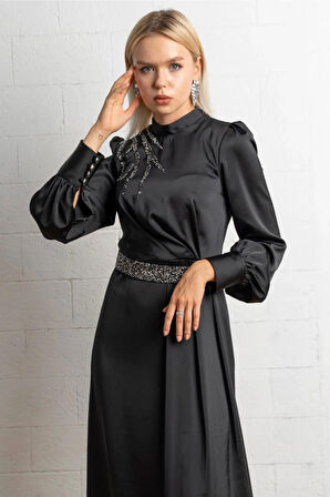 Siyah Renk Taşlı Abiye Elbise Tesettür Abiye