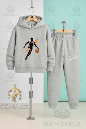Çocuk Unısex BASKETBOLCU TOP TURUNCU SYH Kapşonlu Eşofman Takımı