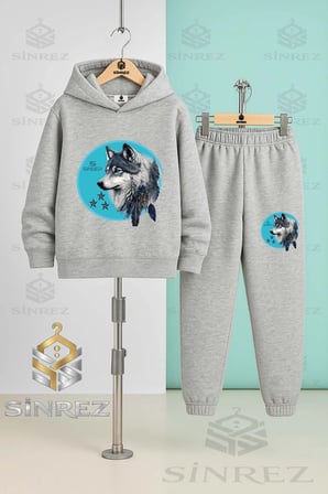 Çocuk Unısex KURT GRI TURKUAZ TVL Kapşonlu Eşofman Takımı
