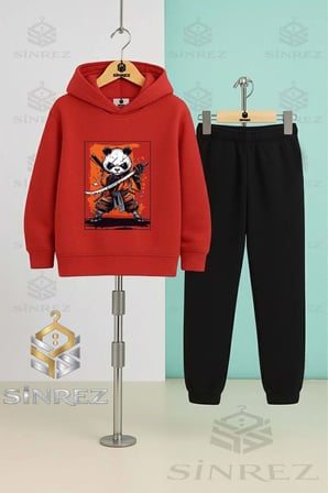 Çocuk Unısex PANDA NINJA KILICLI NOTA Kapşonlu Eşofman Takımı